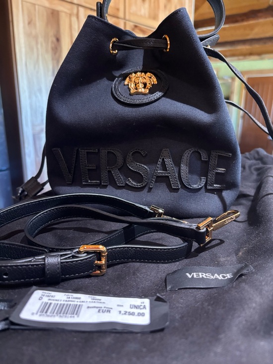 Versace Black Drawstring Bucket Bag with Gold Medusa Hardware